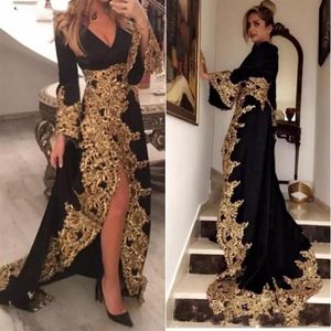 Kaftan Dubai Style Musulman Robes De Soirée Manches Longues Noir Velours Or Appliques Dames Formelle Robes De Bal Abiye Gece Elbisesi243p
