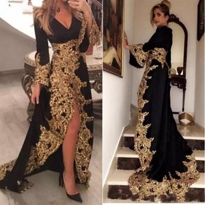 Kaftan Dubai Style Musulman Robes De Soirée Manches Longues Noir Velours Or Appliques Dames Formelle Robes De Bal Abiye Gece Elbisesi246A