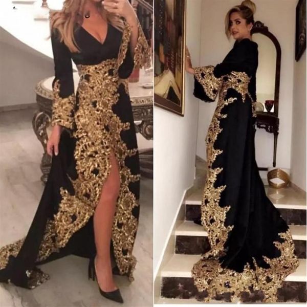 Kaftan Dubai Style Musulman Robes De Soirée Manches Longues Noir Velours Or Appliques Dames Formelle Robes De Bal Abiye Gece Elbisesi313K