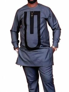 Caftan élégant africain hommes ensemble 2 pièces tenues Lg manches ethniques hauts et pantalons de mariage bal Diki imprimé luxe complet u7wW #