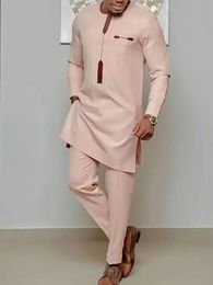 Kaftan elegante africano para hombre conjunto de 2 piezas trajes de manga larga tops y pantalones étnicos traje de lujo para hombre ropa de boda para hombre 240313