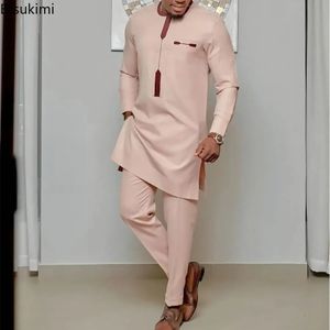 Kaftan Elegant African Mens Set 2 stuks Outfits Ethnische tops met lange mouwen en broek Volledige luxe heren Pak Wedding Men Moslims 240401