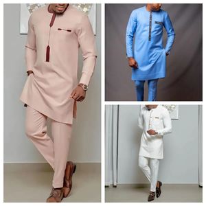 Kaftan Elegant African Mens set 2 pièces Tenues Tops et pantalons à manches longues et pantalon de luxe complet