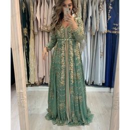 Kaftan elegante formele kant goud appliques avond Marokkaan een lijn Arabische moslim salie speciale ocn jurken vloer lengte kralen prom jurk lange mouw rabic