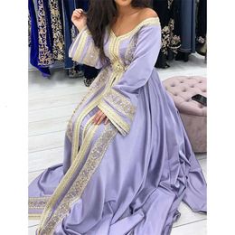 Kaftan Avond Mouwen Lilac Marokkaanse lange elegante jurken Satin Mariage Formele feestjurken voor vrouwen gouden appliques kralen een lijn Arabisch Dubai Prom Abaya Rabic Baya