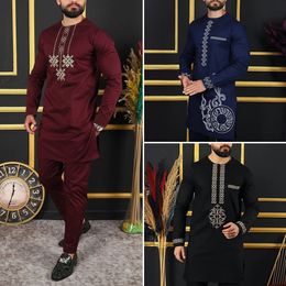 Kaftan Luxury Men Suit Top pantalon broché 2 pièces Dashiki Africain Traditional de style ethnique Vêtements pour l'homme Robe de mariée 240409