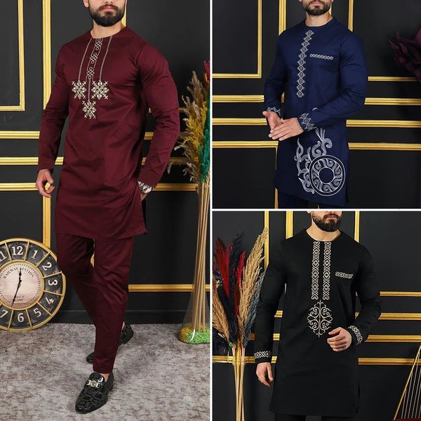 Kaftan Luxury Men Suit Top pantalon broché 2 pièces Dashiki Africain Traditional de style ethnique Vêtements pour l'homme Robe de mariée 240416