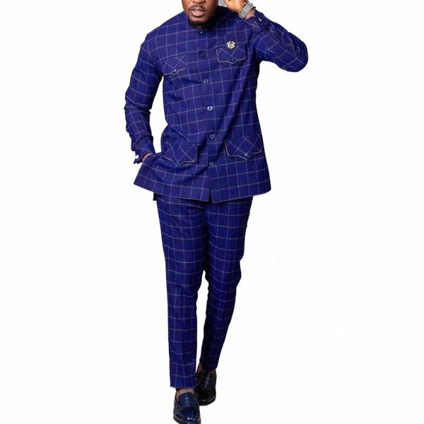 Caftan Hommes Tenues Simple Boutonnage Imprimé Rayé Top Veste Pantalon Kaunda Costume De Mariage Africain Ethnique 2PCS Ensembles Tuxedo Wear I3yX #