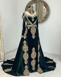 Kaftan Marokkaanse avondjurk met Crystal Elegant Emerald Green Mermaid Prom -jurken met afneembare trein Lange mouw Abaya Formele gelegenheid feestjurken 2023