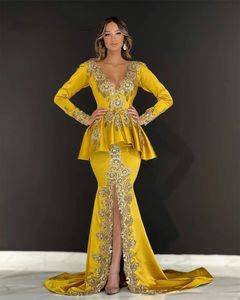 Vestidos de noche largos de sirena dorados con manga caftán, apliques de encaje con cuello en V elegantes, vestidos formales de fiesta de graduación de talla grande