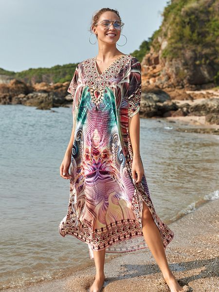 Kaftans para mujer Beach Cover Ups Impreso India Folk Maxi Vestidos Manga corta Pareo Traje de baño Capa Trajes de baño