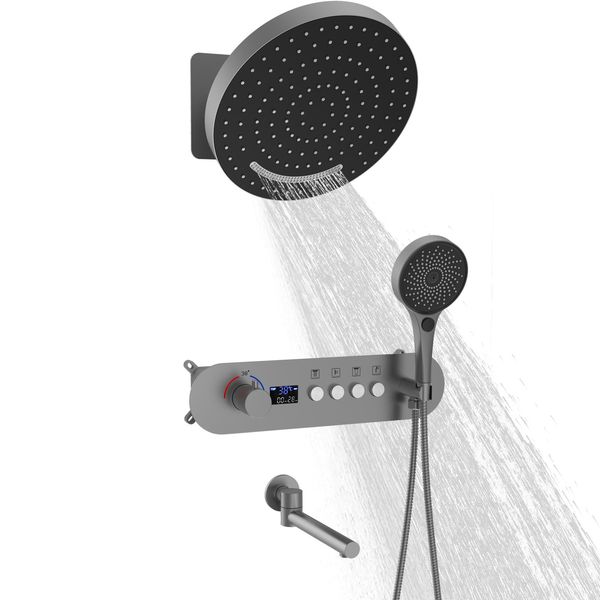 Kaiping – ensemble de douche à température constante, pistolet haut de gamme, gris, salle de bains, tout en cuivre, mur foncé, système de douche à affichage numérique caché