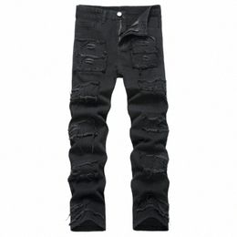 kakan - Europese en Amerikaanse nieuwe casual slim-fit jeans met elastische rechte pijpen met kleine voet voor heren, zwart gekrast Lg Jeans9-010 e2Ur#