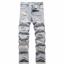 kakan - Europese en Amerikaanse nieuwe hiphop-jeans met gatenpatch en kattenbaard voor heren, trendy slim-fit Lg-jeans K09-160 U86K #