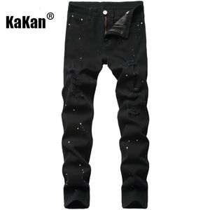 Kakan - Jeans étirés noirs slim européens et américains pour les hommes peints à la jambe courte jeans k21- 240412