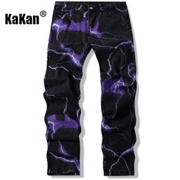 Kakan - Jeans à cravate imprimée par foudre d'Europe et d'Amérique pour hommes tendance de rue jeans de longueur droite 53 240412