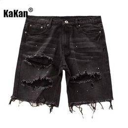 KAKAN - Pantalones cortos de mezclilla angustiados de verano para hombres jóvenes coreanos Slim acomodando pantalones pequeños de pierna jeans K58 -DK322 240420