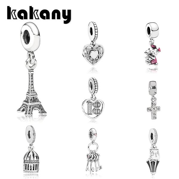 KAKANY 100% Argent 925 Tour Eiffel Mignon Porc Poppins Parapluie Cage À Oiseaux Amour Clé Croix 18 Ans D'amour Suspendu Charme Q0531