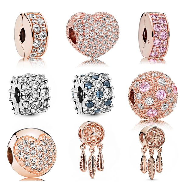 Kakany 2020 nuevo genuino Rose Pave Heart Clip Charm Pink Cosmic Stars Open My Heart Dazzling Dai Messy Daisy Fixed Shiny Q0531