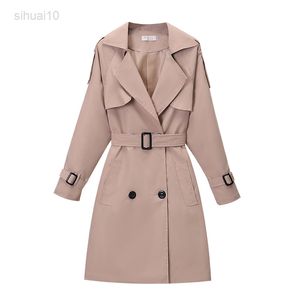 Kaki Double-Breasted Women Windbreaker Spring/Summer Korean Slim Turn Down Collar Ladies Outfit Plus Size Casual trenchcoat L220725