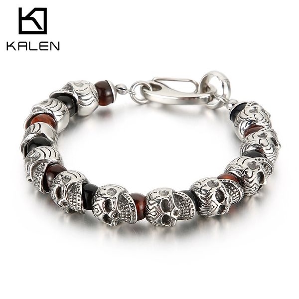 KALEN Punk crâne bracelet à breloques hommes en acier inoxydable 8mm perles de pierre naturelle perlée Brecelets mâle gothique bijoux 210323