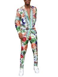 Kalenmos Men S sets Automne American Graffiti Print Suit Collar Shirt Slim Fit Casual Pantal