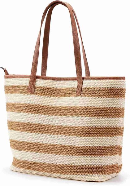 KALIDI paille fourre-tout sac de plage rayé épaule sac à main point tissé PU cuir poignée fermeture éclair poche voyage Shopping pique-nique HKD230807