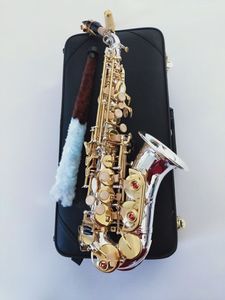 KALUOLIN Sho SC-9937 Saxofón soprano de cuello curvo pequeño B Saxofón plano de latón niquelado de alta calidad con boquilla Cas