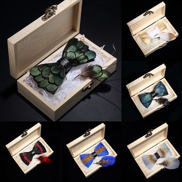 Kamberft Design Handmade Feather Bow Boot Boot Box en bois ensemble de haute qualité en cuir pour hommes pour le banquet de fête de mariage240409