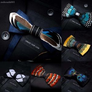 Kamberft Designer Brand Handgemaakte veer en lederen Pre-Tied Bow Tie broche sets voor mannen Wedding Party Cravate 2784