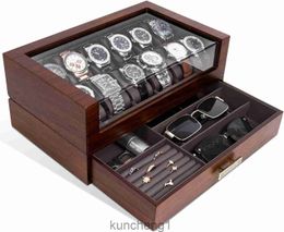 Kamier 12 Slots Watch Box Box Case Organizer Affichage pour Mentwo-Tier Wood Watch Box Organisateur pour hommes avec porte-greffe et tiroirwalnut