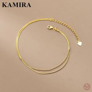 Kamira Real 925 Sterling Silver Vintage Simple Double Layer kralen Snake Bot Bell Anklet For Women Wedding 18K Gold Fine Jewelry 240408