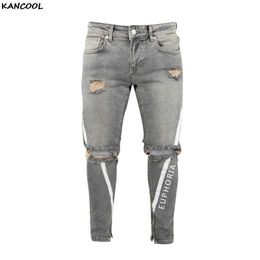 Kancool skinny gescheurde stretch slanke elastische denim broek groot formaat voor mannelijke lente zomer hiphop print streetwear mannen jeans