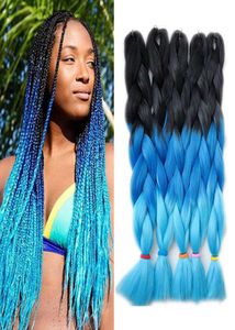 Kanekalon Extensiones de Cabello Trenzado Tres Tonos Ombre Azul Trenzas Sintéticas Cabello Xpression Jumbo Crochet Cabello 24 Pulgadas 100gPie3710305