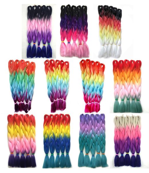 Kanekalon Quatre Tons Tressage Extensions de Cheveux Violet Rose Rouge Bleu Blonde Ombre Jumbo Crochet Tresses Cheveux 24 pouces 100g5756619