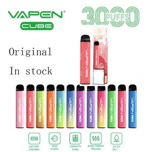 Authentique VAPEN CUBE 3000 bouffées jetables Vape e cigarettes Kits de démarrage pour vaporisateur portable 0% 2% 5% préremplis capacité de 8 ml 1000mah batterie vapes
