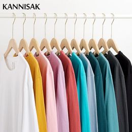 KANNISAK femmes t-shirts printemps à manches longues qualité 100 coton décontracté Harajuku t-shirt solide Oneck surdimensionné Couple basique 240202