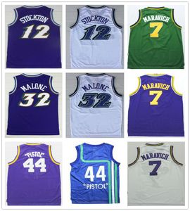 Haute Qualité John 12 Stockton Jersey Rétro Violet Blanc Karl 32 Malone Basketball 7 Pistolet 44 Pete Maravich Maillots Collège Chemises