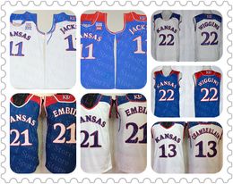 Kansas Jayhawks Joel Embiid Basketball Jersey Bleu Blanc Josh Jackson 13 Wilt Chamberlain 22 Andrew Wiggin Ncaa KU College Jerseys pas cher