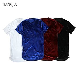 West Streetwear-Camiseta de terciopelo para hombre, camisetas de manga corta de Color sólido con dobladillo en arco y cremallera lateral de gran tamaño, hip-hop juvenil