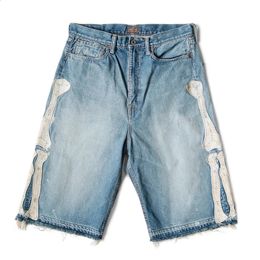 KAPITAL Hirata Hohiro losse, ontspannen broek geborduurde beenwas gebruikte ruwe rand denim shorts voor mannen en vrouwen casual jeans 240202