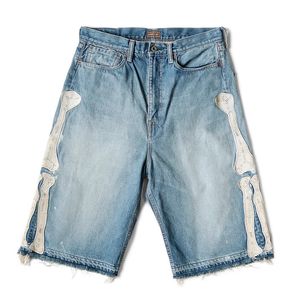 KAPITAL Hirata Hohiro losse, ontspannen broek geborduurde botwassing gebruikte ruwe rand denim shorts voor mannen en vrouwen Casual jeans 240318