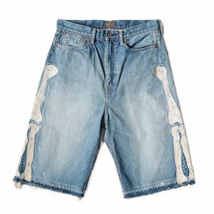 Kapital Hirata Hohiro losse ontspannen broek geborduurd worden W gebruikte ruwe rand denim shorts voor mannen en vrouwen casual jeans S96w #