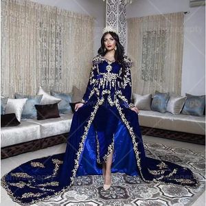 Karakou formelle arabe élégante robes de soirée bleu royal manches longues Banqu robes de réception or dentelle appliques perlée gaine thé longueur robe de bal 3 pièces