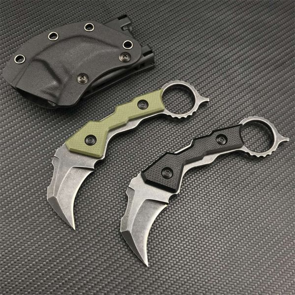 Karambit Garra Cuchillo G10 Mango 7cr13mov Stonewash Hoja fija Mini EDC Navajas de bolsillo Herramienta de supervivencia táctica al aire libre Kydex Funda 826