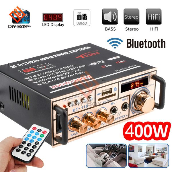 Karaok Player Mini HiFi Numérique Bluetooth Audio Amplificateur De Puissance 12V 220V 2CH Affichage LCD FM Radio Voiture Amplificateurs De Maison 230331