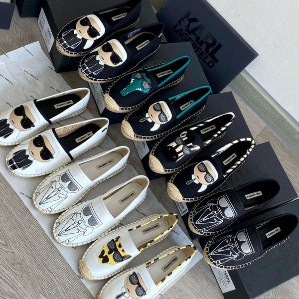 Karl Lagerfield Femme Flat Summer Beach Canvas Casual Shoes Designer Shoe Espadrilles Fisherman Gift 10a Womens Man Fashion Dhgate Slippers Broider Tissu Slide