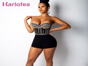 Karlofea Fashion Women Diamonds Rompert Sexy Strapless Bodycon Rhinestone Short Jumpsuit Club Party Crystal Black Red Playsuit6943343