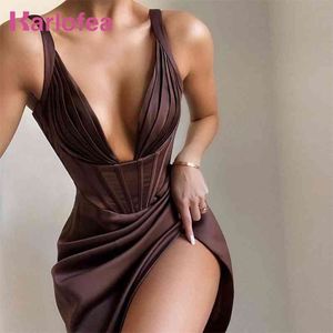 Karlofea Vrouwelijke Zomer Stretchy Satin Corset Jurk Chic Slit Gedraped Midi Festival Kleding Sexy V-hals Club Party ES 210623