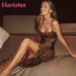 Karlofea Sexy Léopard V Cou Spaghetti Sangle Maxi Dres Mousseline De Mousseline De Soie Longueur De Plancher Robe Robe D'été Club 210623